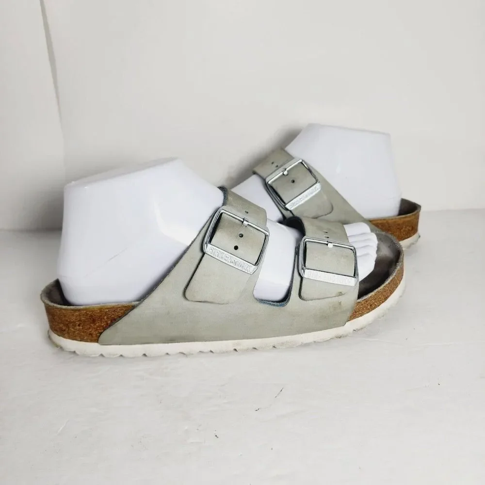 BIRKENSTOCK Women's Arizona Nubuck Leather Light Blue SoftFB Sandals EU38 US7_8